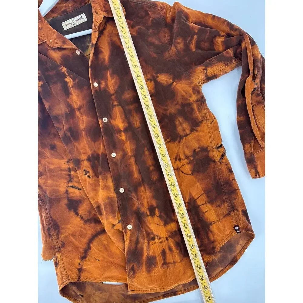 Tommy Bahama Button Down Mens Medium Orange Brown Corduroy Tie Dye Distressed